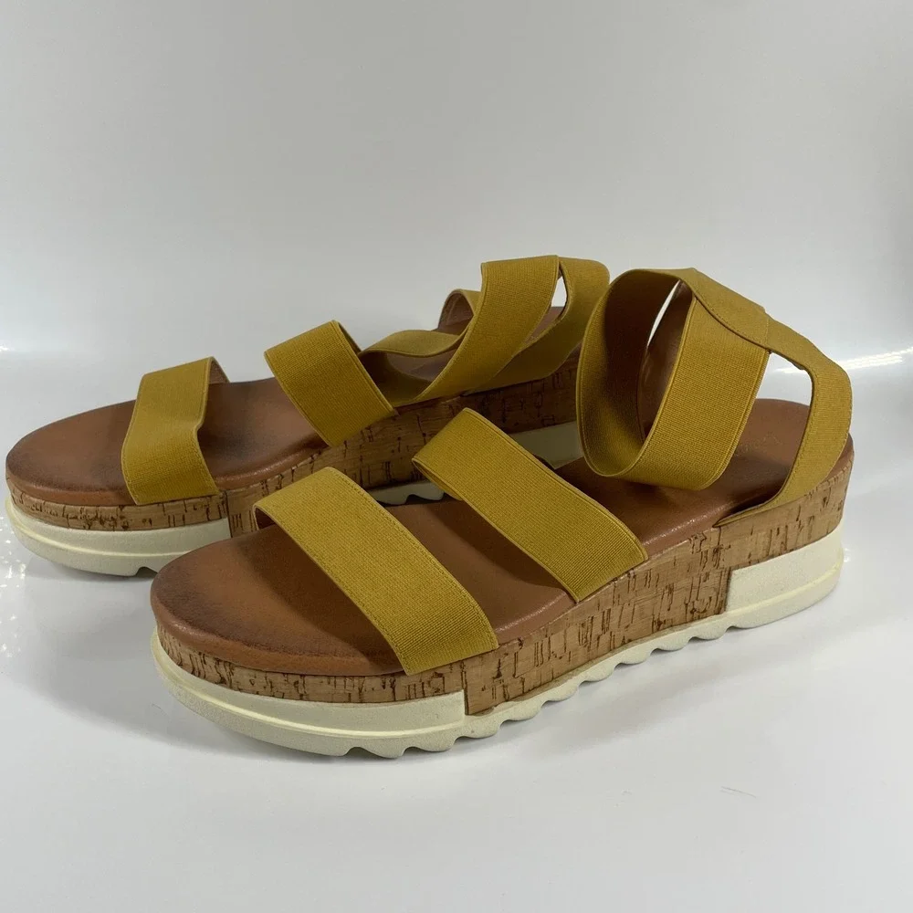 Sz 10 Dream Pairs Reed Mustard Yellow Elastic Platform Wedge Sandals Womens